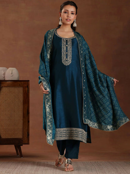 Women's LB Teal Embroidered Silk Blend Straight Suit With Dupatta