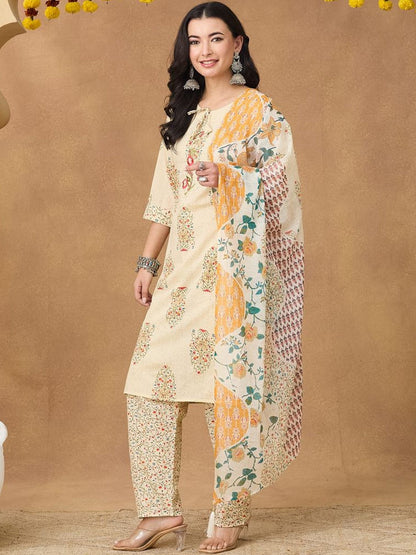 Beige Floral Cotton Printed Tie Neck Embroidery Kurta Trousers & Tasseled Dupatta