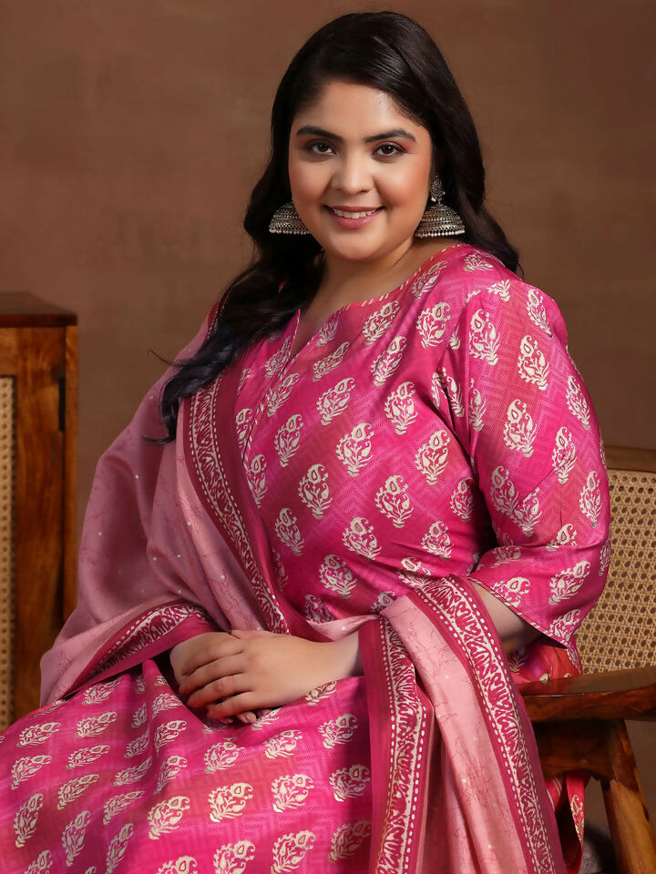 Women's LB Plus Size Pink Printed Silk Blend Straight Suit With Dupatta