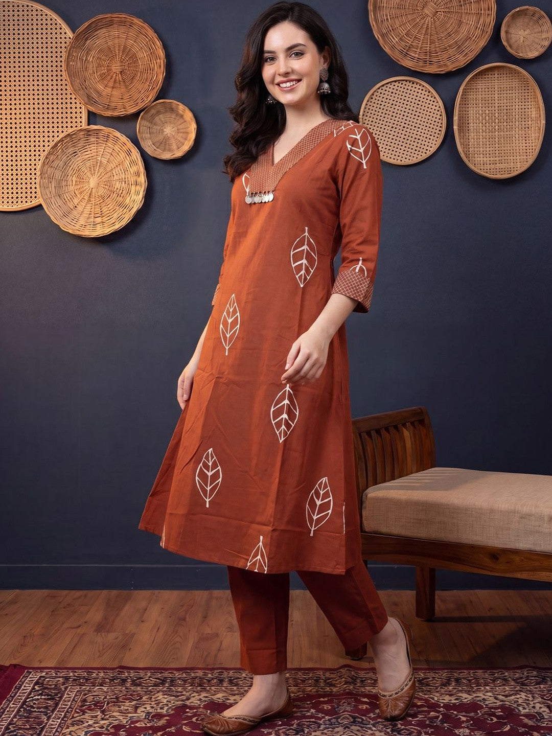 Printed V-Neck Pure Cotton Kurta With Trousers