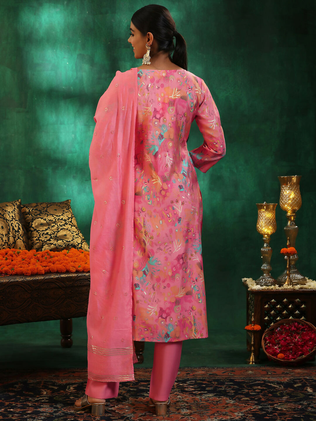 Women's LB Pink Printed Silk blend Straight Suit With Dupatta