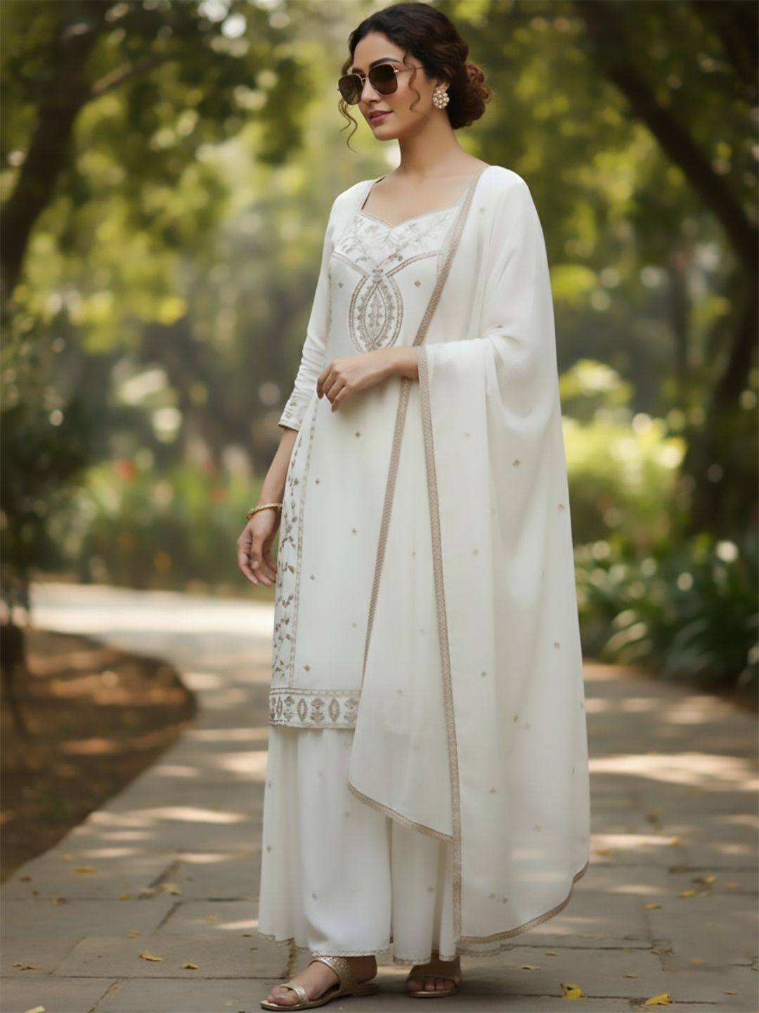 Dhiyona VA Women Ethnic Motifs Embroidered Regular Thread Work Kurta with Sharara & With Dupatta