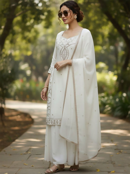 Dhiyona VA Women Ethnic Motifs Embroidered Regular Thread Work Kurta with Sharara & With Dupatta