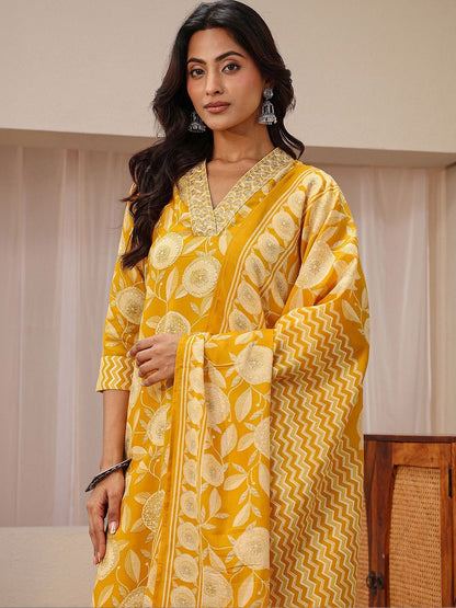 Libas Mustard Floral Printed Straight Suit Set