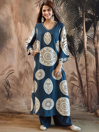 Printed With Embroidered Kurta With Palazzos