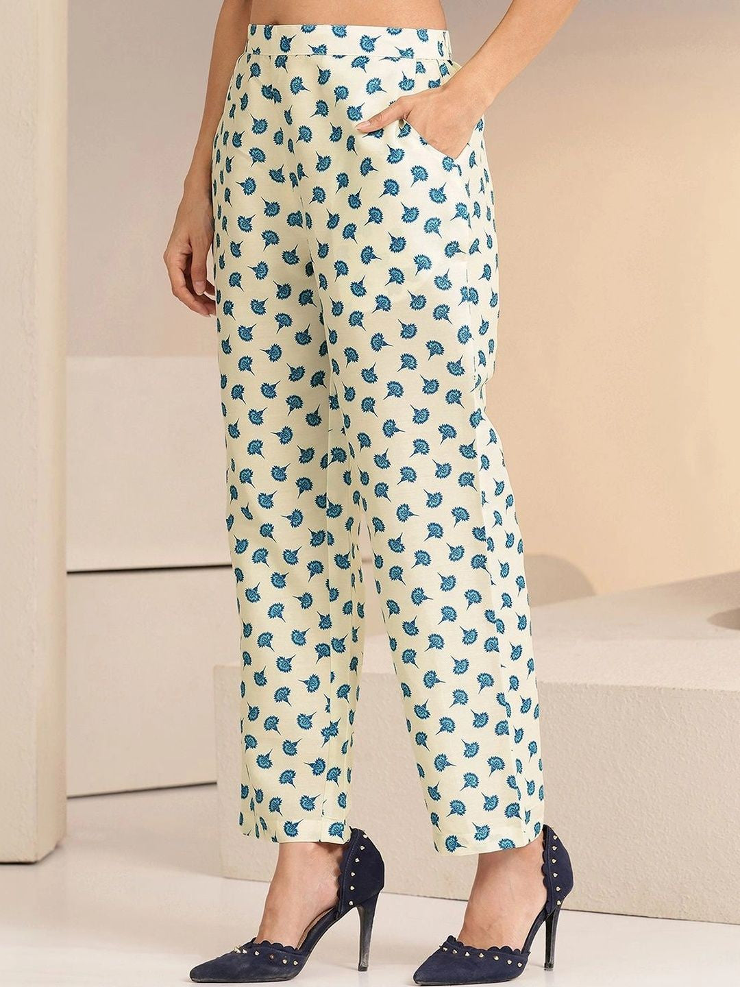 Cream Floral Printed Straight Cotton Blend Suit Set