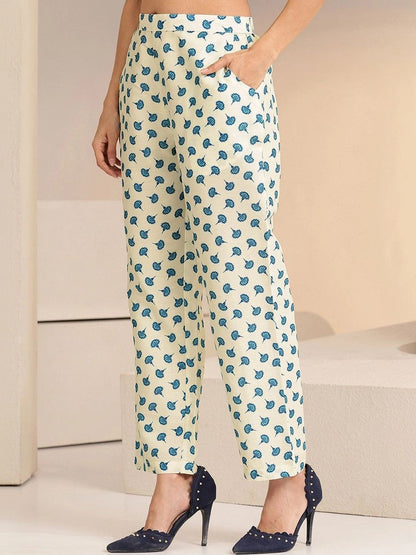 Cream Floral Printed Straight Cotton Blend Suit Set