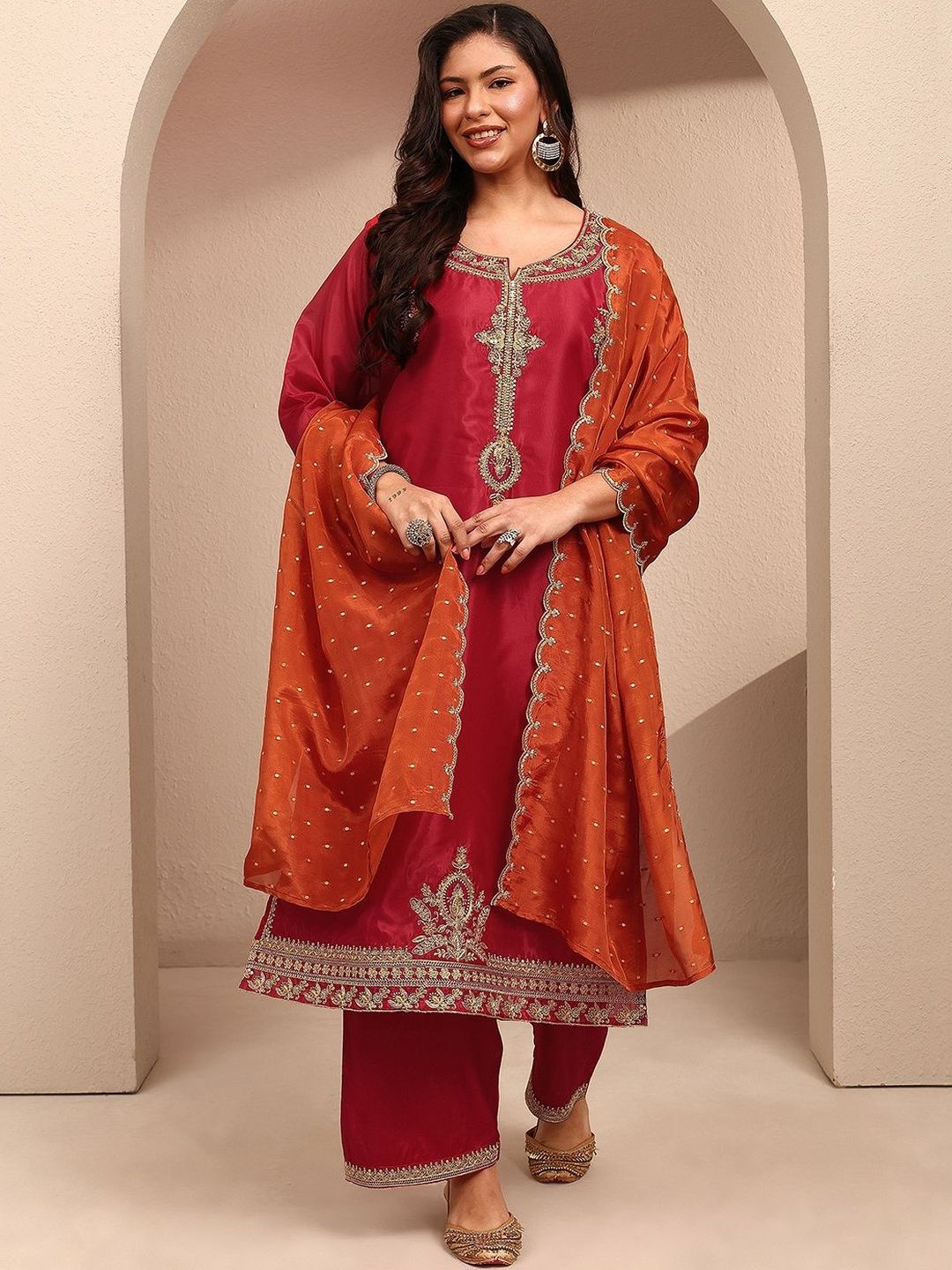 Dhiyona Women's Ethnic Motifs Embroidered Regular Thread Work Kurta with Trousers & With Dupatta