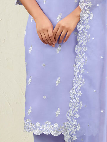 Women's Lavender Straight Embroidered Kurta Trousers With Dupatta Set