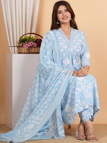 Dhiyona KL Ethnic Motifs Printed V-Neck Kurta With Trousers & Dupatta