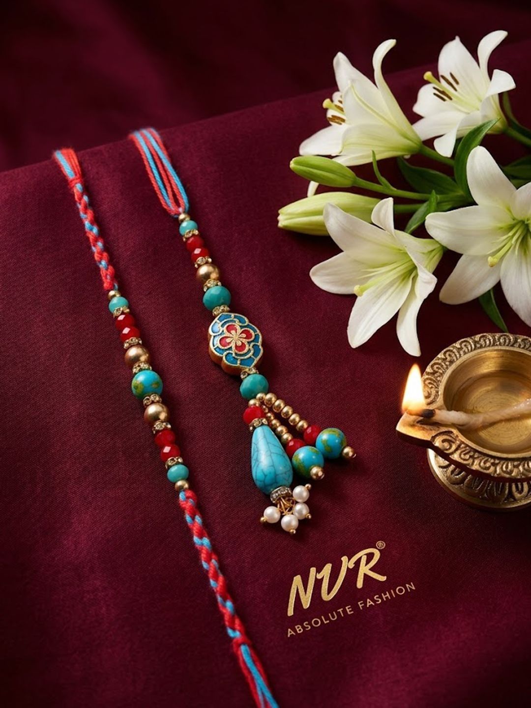 Dhiyona Set Of 2 Multicolor Artificial Beads Bhaiya Bhabhi Thread Rakhi With Roli Chawal