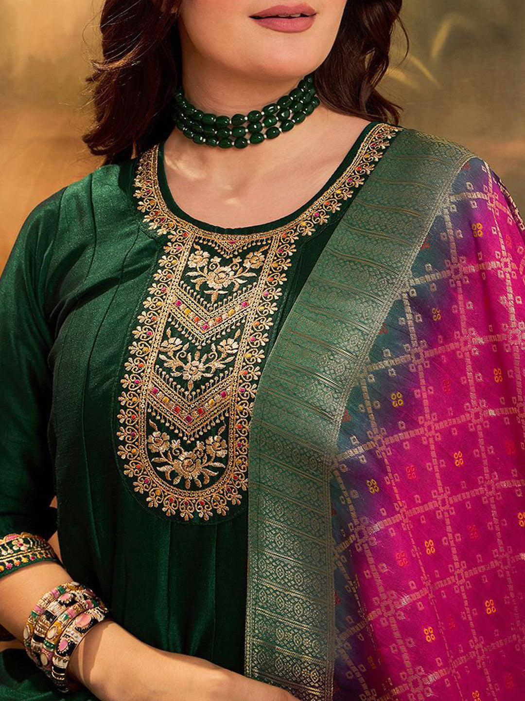 Zari & Sequin Embroidered A-Line Kurta & Trousers With Dupatta