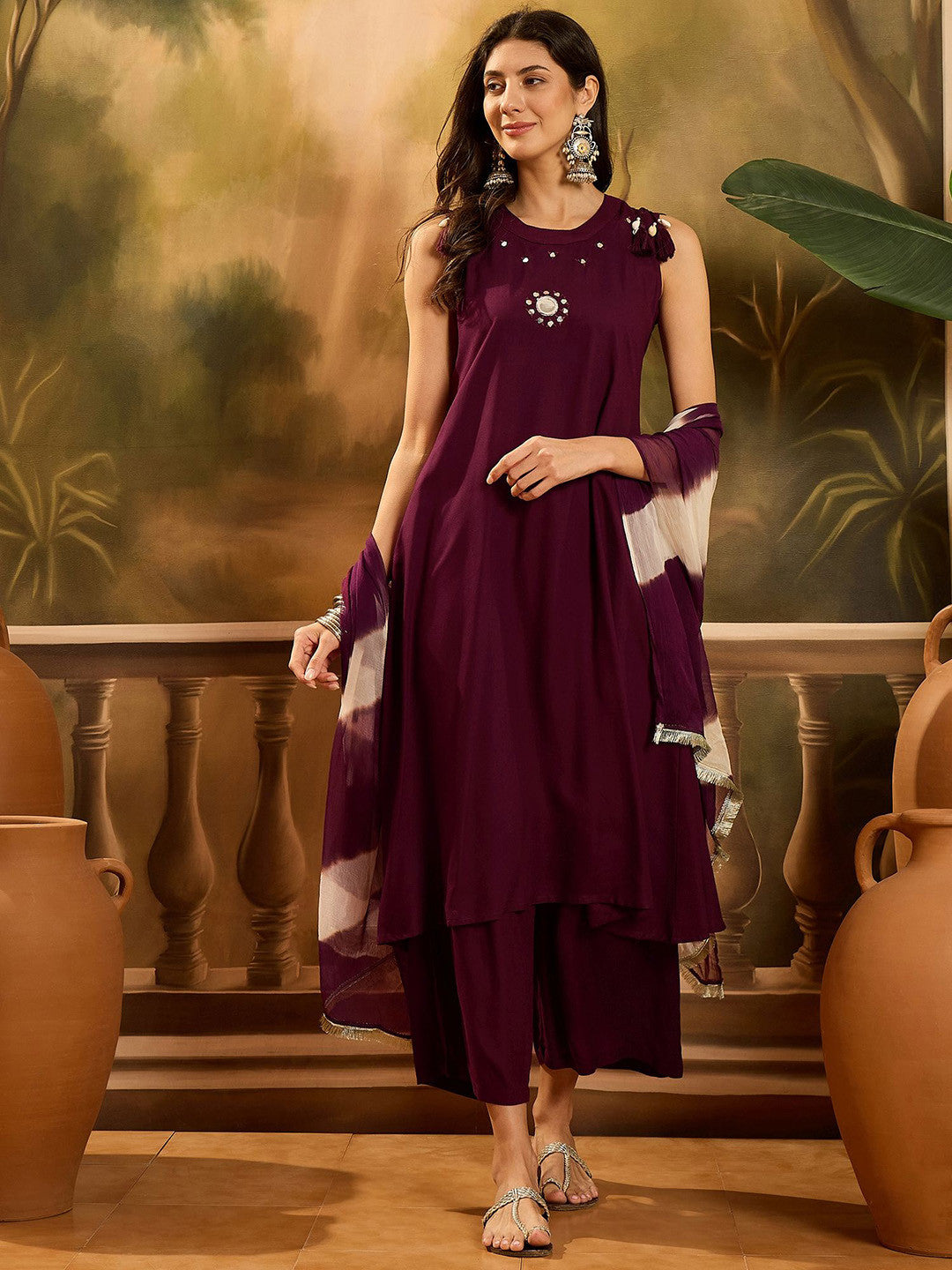 Dhiyona SN Embroidered A-Line Kurta & Palazzo With Dupatta