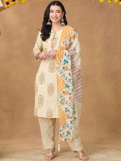 Beige Floral Cotton Printed Tie Neck Embroidery Kurta Trousers & Tasseled Dupatta