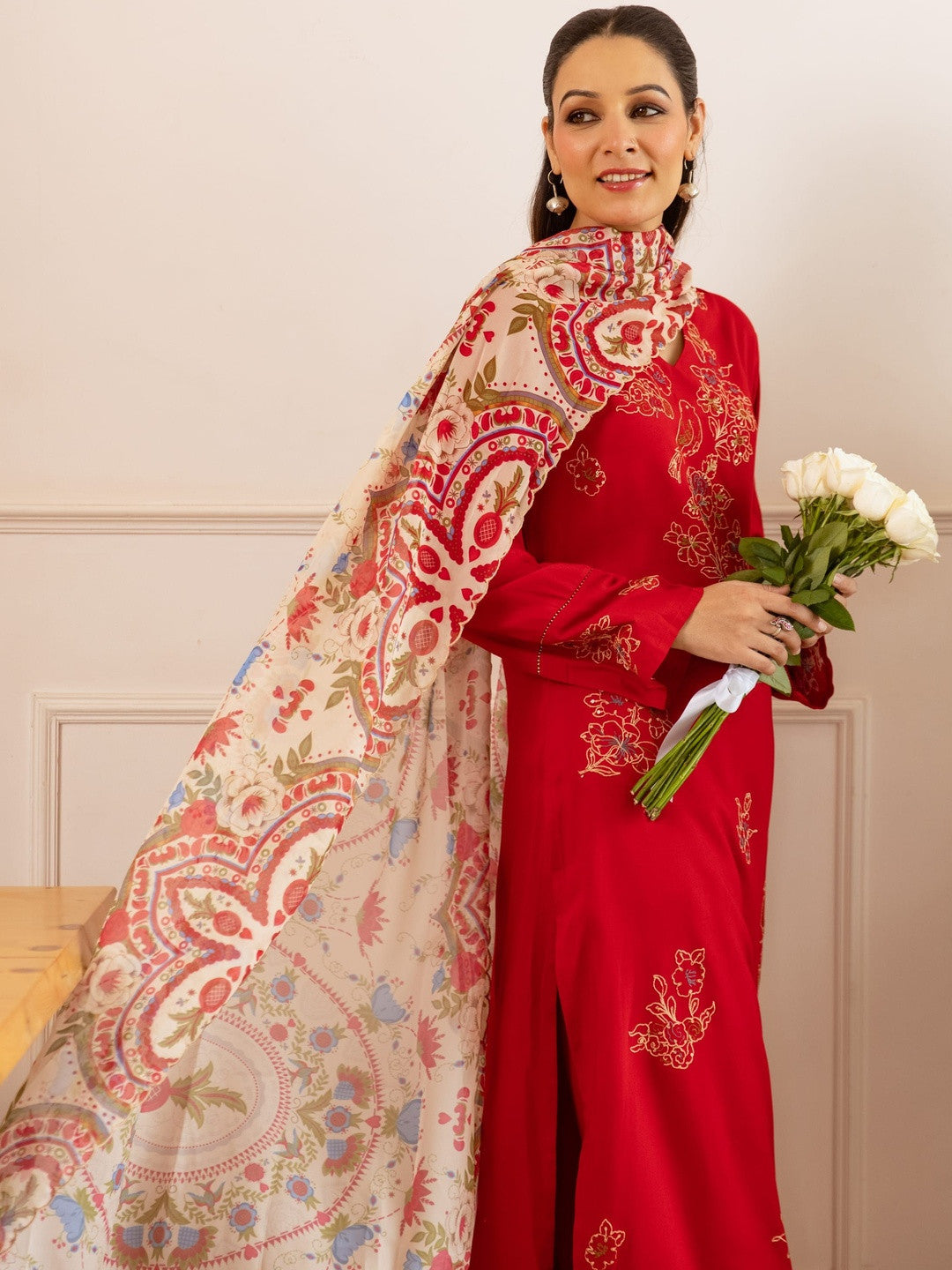 Printed Straight Kurta & Trousers With Dupatta