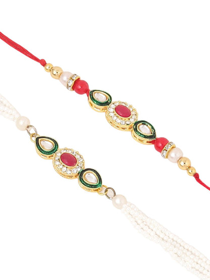 Dhiyona Set Of 2 Multicolor Oval Shape Kundan Studded & Beads Bhaiya Bhabhi Rakhi