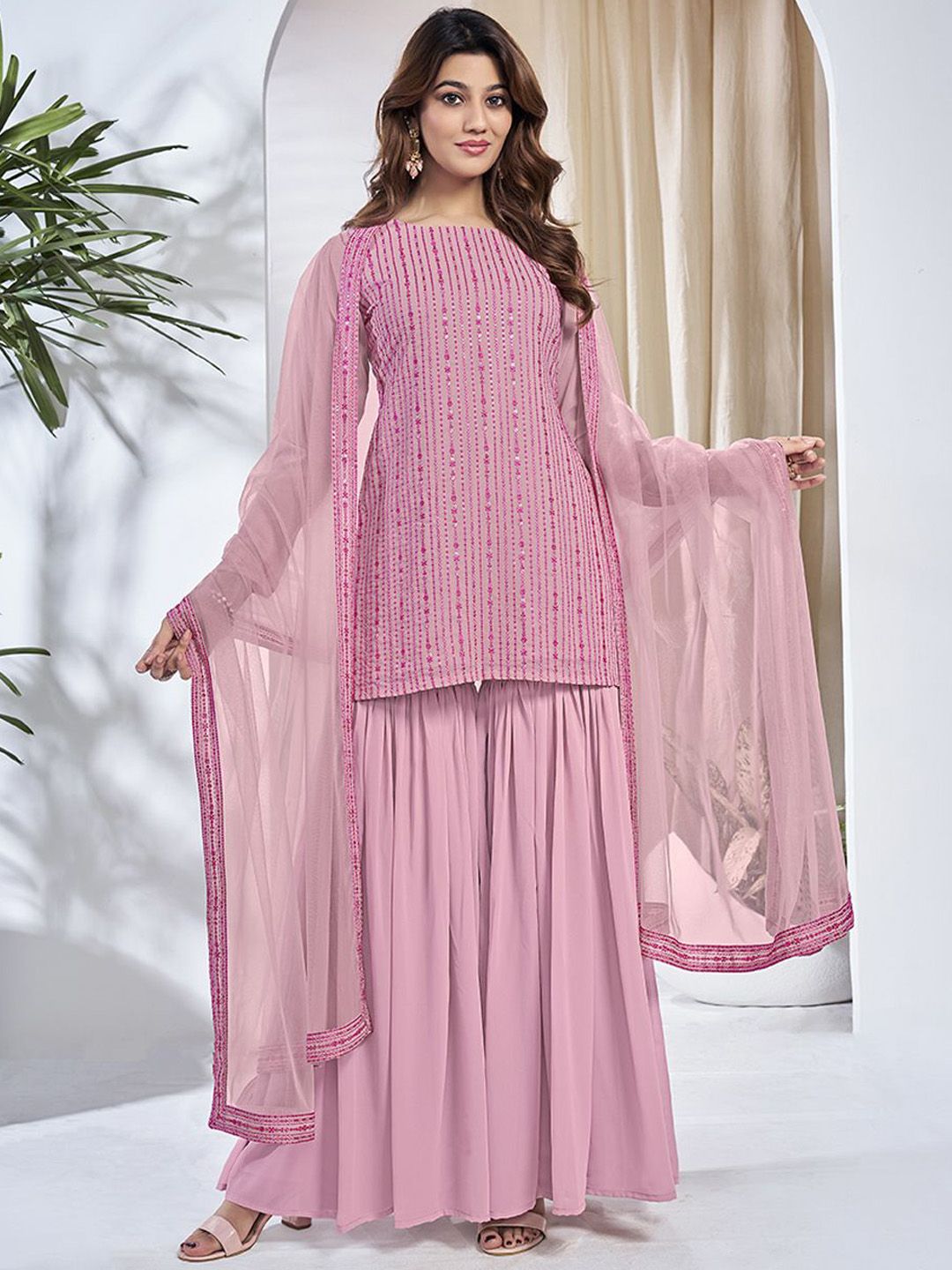 Dhiyona IN Floral Embroidered Round Neck Sequinned Georgette Kurta With Sharara & Dupatta