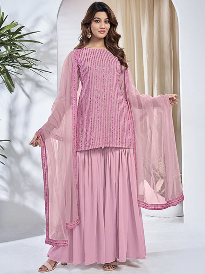 Dhiyona IN Floral Embroidered Round Neck Sequinned Georgette Kurta With Sharara & Dupatta