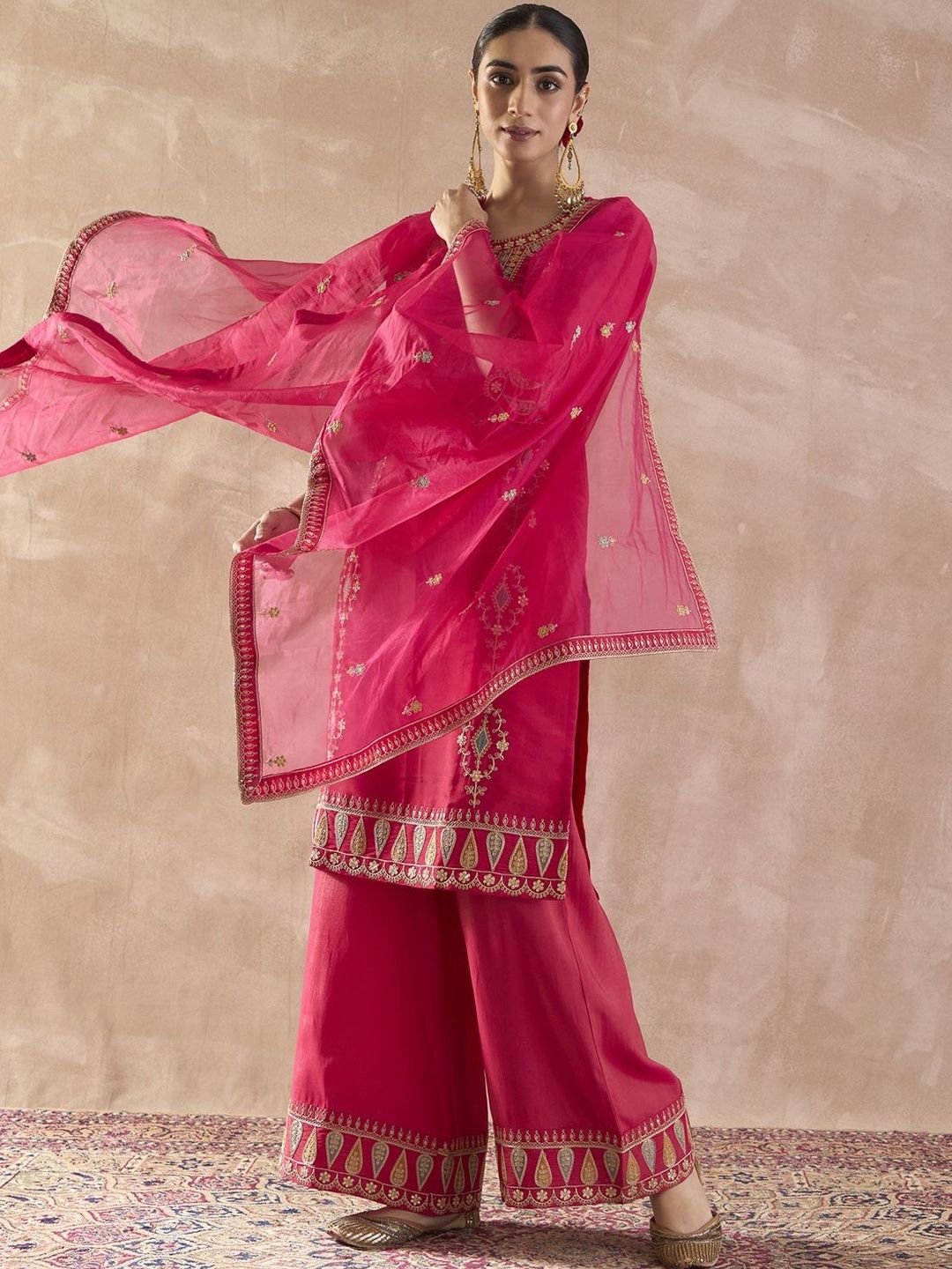Dhiyona IE Women Ethnic Motifs Embroidered Regular Sequinned Kurta with Palazzos & With Dupatta
