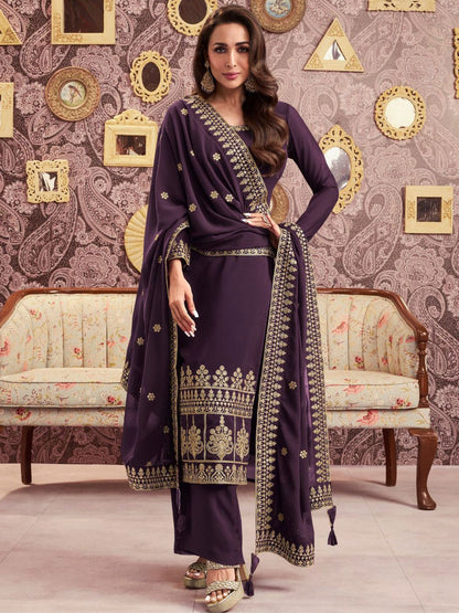 Dhiyona IN Ethnic Motifs Embroidered Georgette Straight Kurta With Palazzos & Dupatta