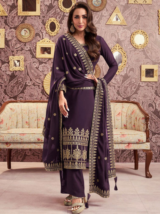 Dhiyona IN Ethnic Motifs Embroidered Georgette Straight Kurta With Palazzos & Dupatta
