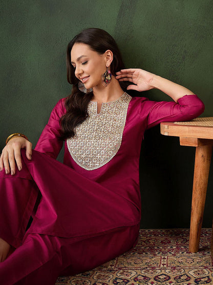 Women Embroidered Straight Kurta & Trousers