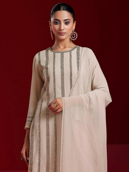 Women's LB Art Taupe Striped Georgette Straight Suit With Dupatta