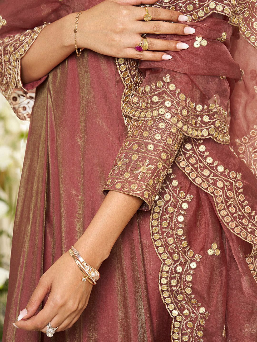 Dhiyona IN Floral Yoke Design Sequinned Anarkali Kurta With Palazzos & Dupatta