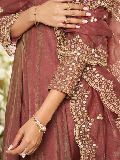 Dhiyona IN Floral Yoke Design Sequinned Anarkali Kurta With Palazzos & Dupatta