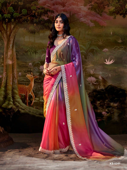 Dhiyona KM Women Multicolor Pure Tissue Silk Saree With Embroidered Designer Blouse