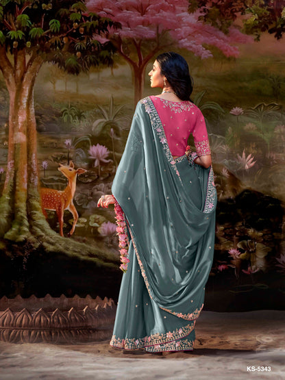 Dhiyona KM Women Teal Embroidered Designer Silk Saree With Pink Blouse