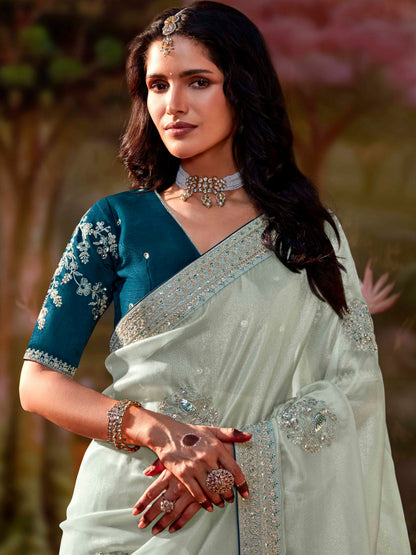 Dhiyona KM Women Sea Green Glass Tissue Organza Saree
