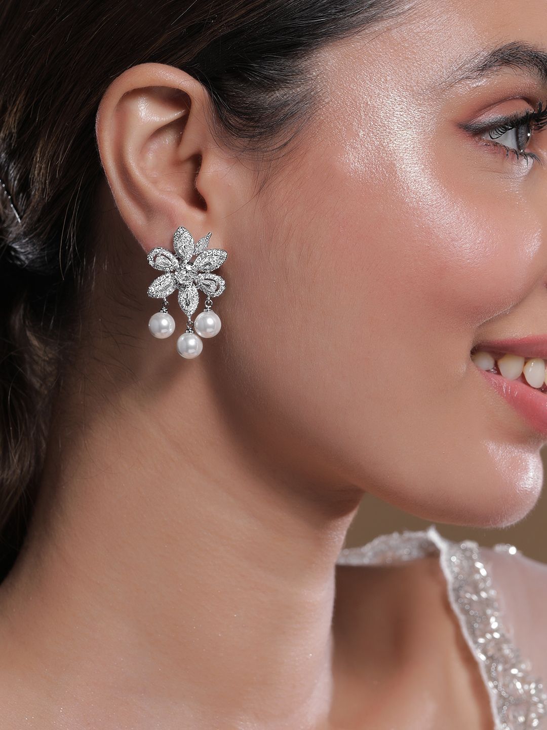 Dhiyona RJ Women's Premium Rhodium-Plated Cubic Zirconia Studded & Pearls Beaded Drop Earrings