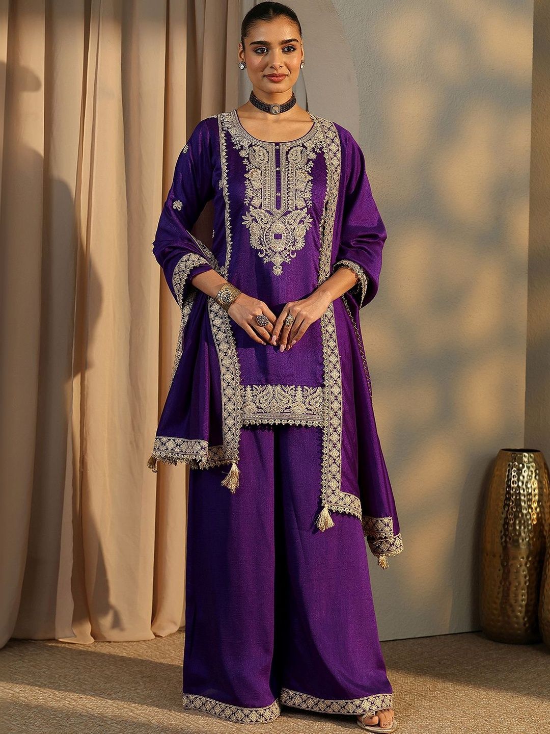 Dhiyona LL Women Ethnic Motifs Embroidered Regular Thread Work Kurta with Palazzos & With Dupatta