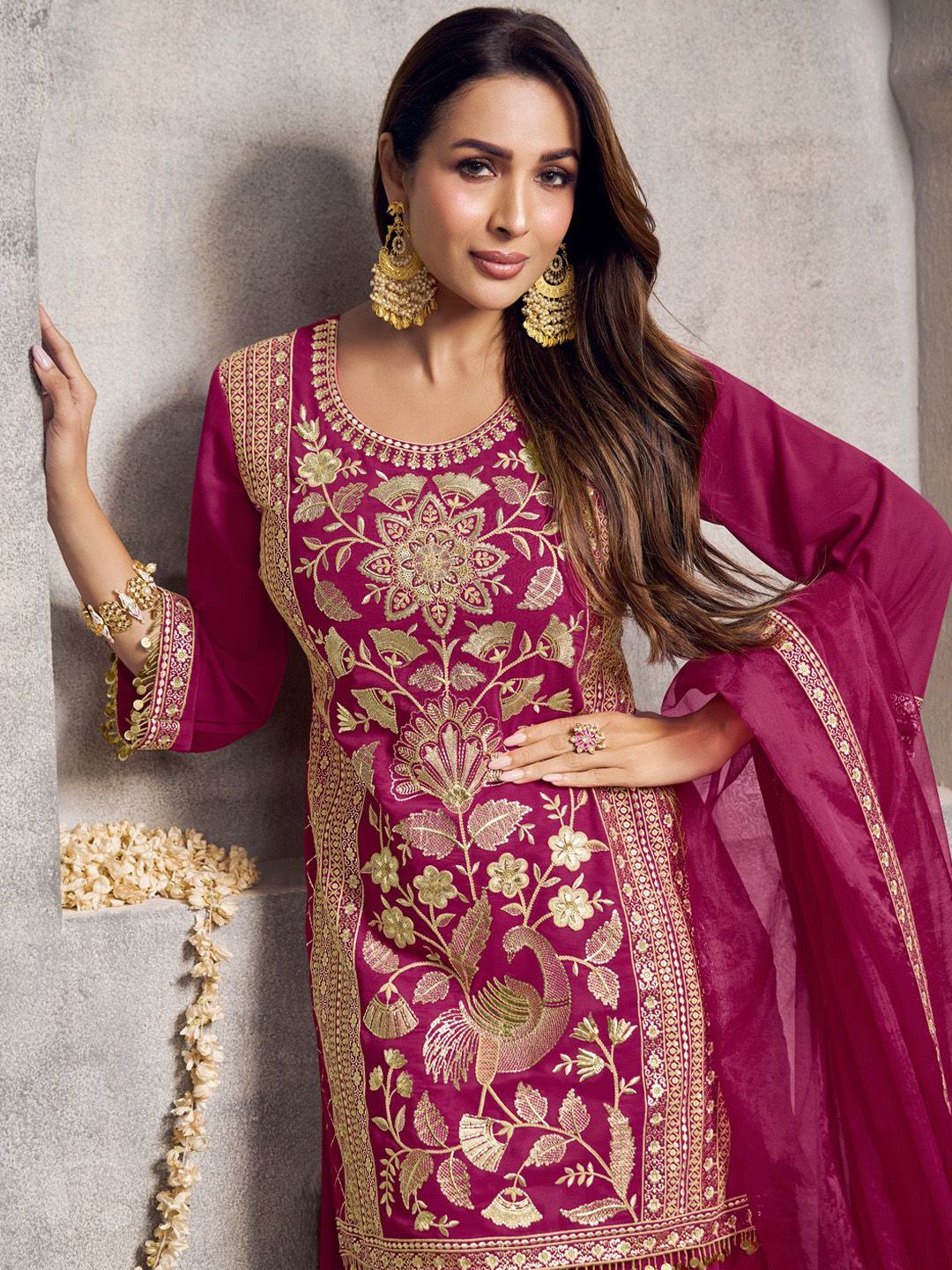 Dhiyona IN Floral Embroidered Sequinned Kurta With Palazzos & Dupatta