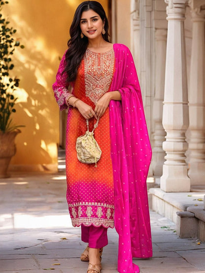 Dhiyona KL Women Pink Rayon Blend Printed Straight Kurta Set With Dupatta