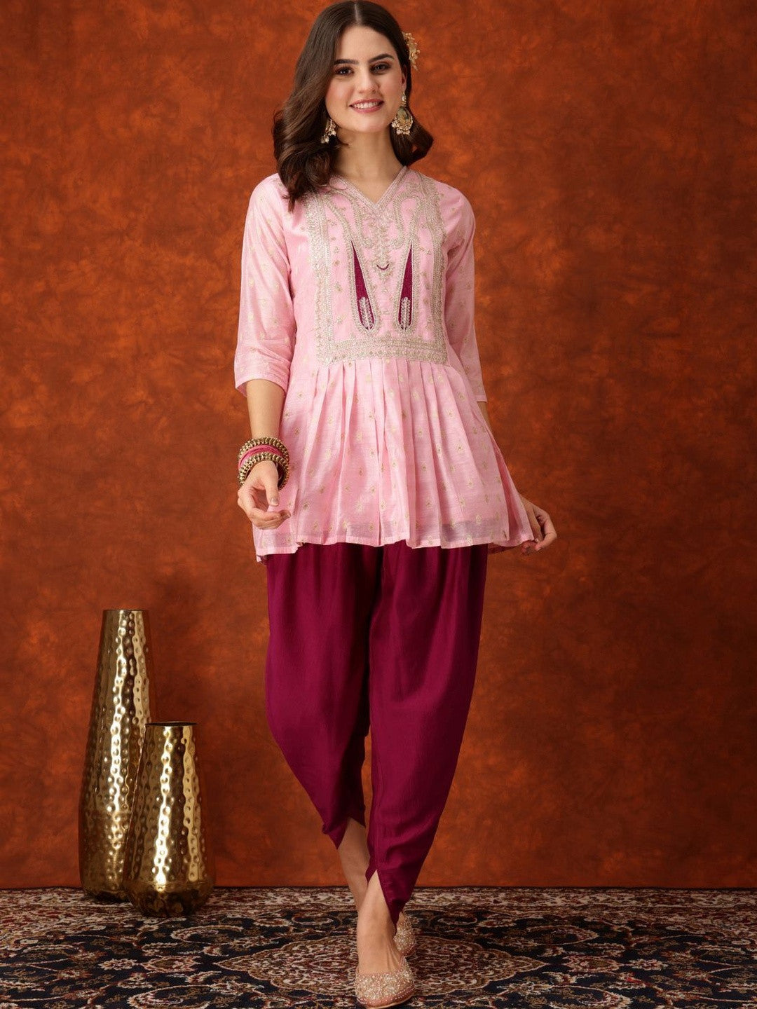 Paisley Embroidered Sequinned Chanderi Silk Kurti With Dhoti Pants & Dupatta