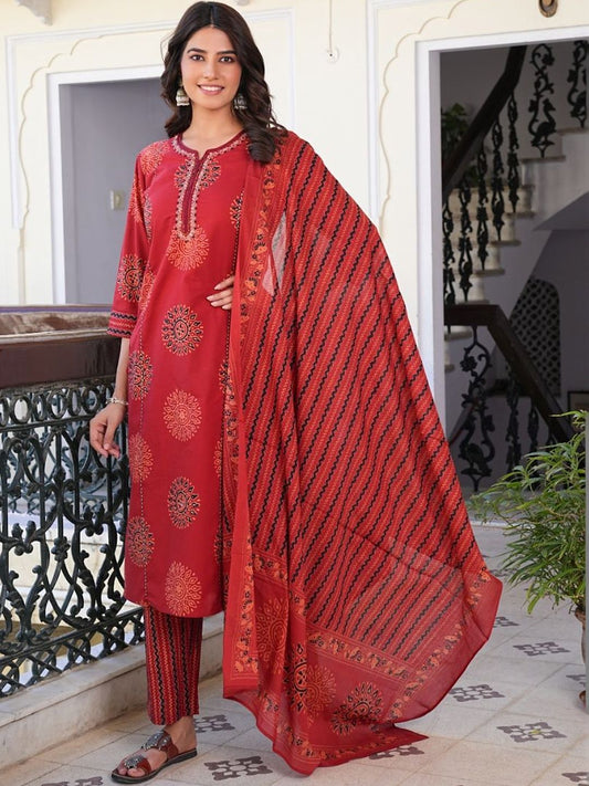 Dhiyona KL Women Ethnic Motifs Printed Regular Thread Work Pure Cotton Kurta with Trousers & With Dupatta