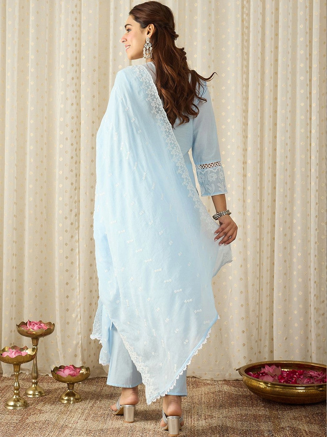 Women Embroidered Regular Thread Work Pure Cotton Kurta With Trousers & Dupatta