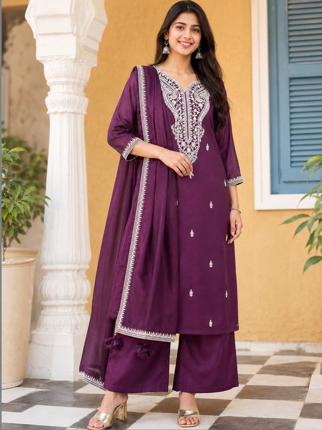 Women Ethnic Motifs Embroidered Regular Thread Work Kurta with Palazzos & With Dupatta