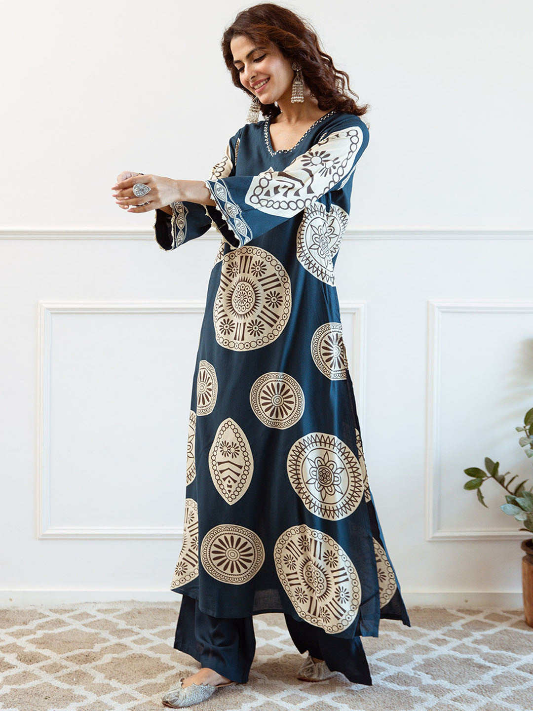 Printed With Embroidered Kurta With Palazzos