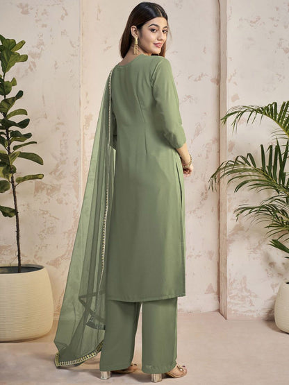 Dhiyona IN Women Floral Yoke Design Regular Sequinned Kurta with Palazzos & With Dupatta