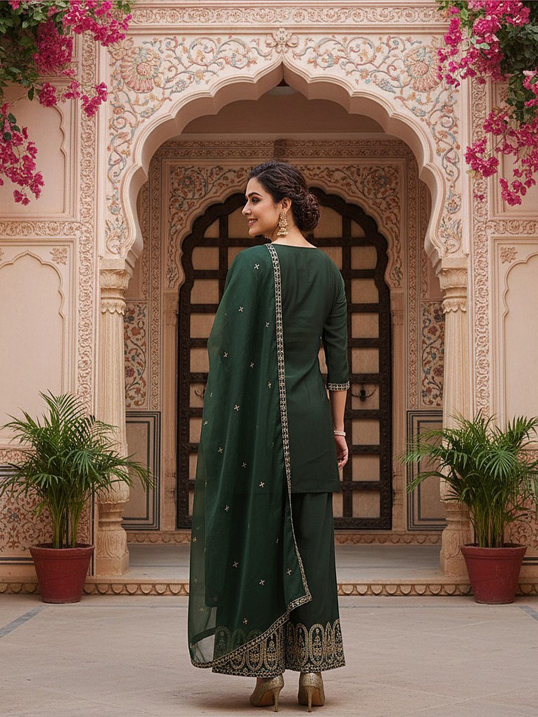 Dhiyona KL Ethnic Motifs Embroidered Notched Neck Straight Kurti with Palazzos & With Dupatta