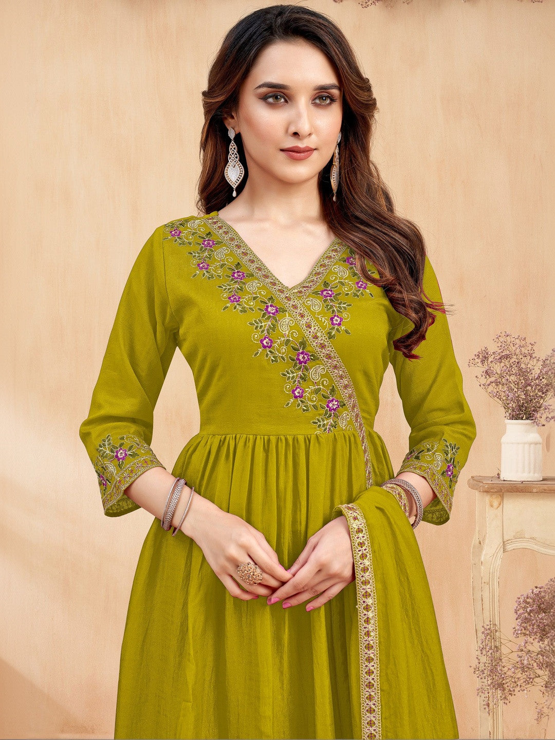 Embroidered V-Neck Kurta Trousers & Dupatta