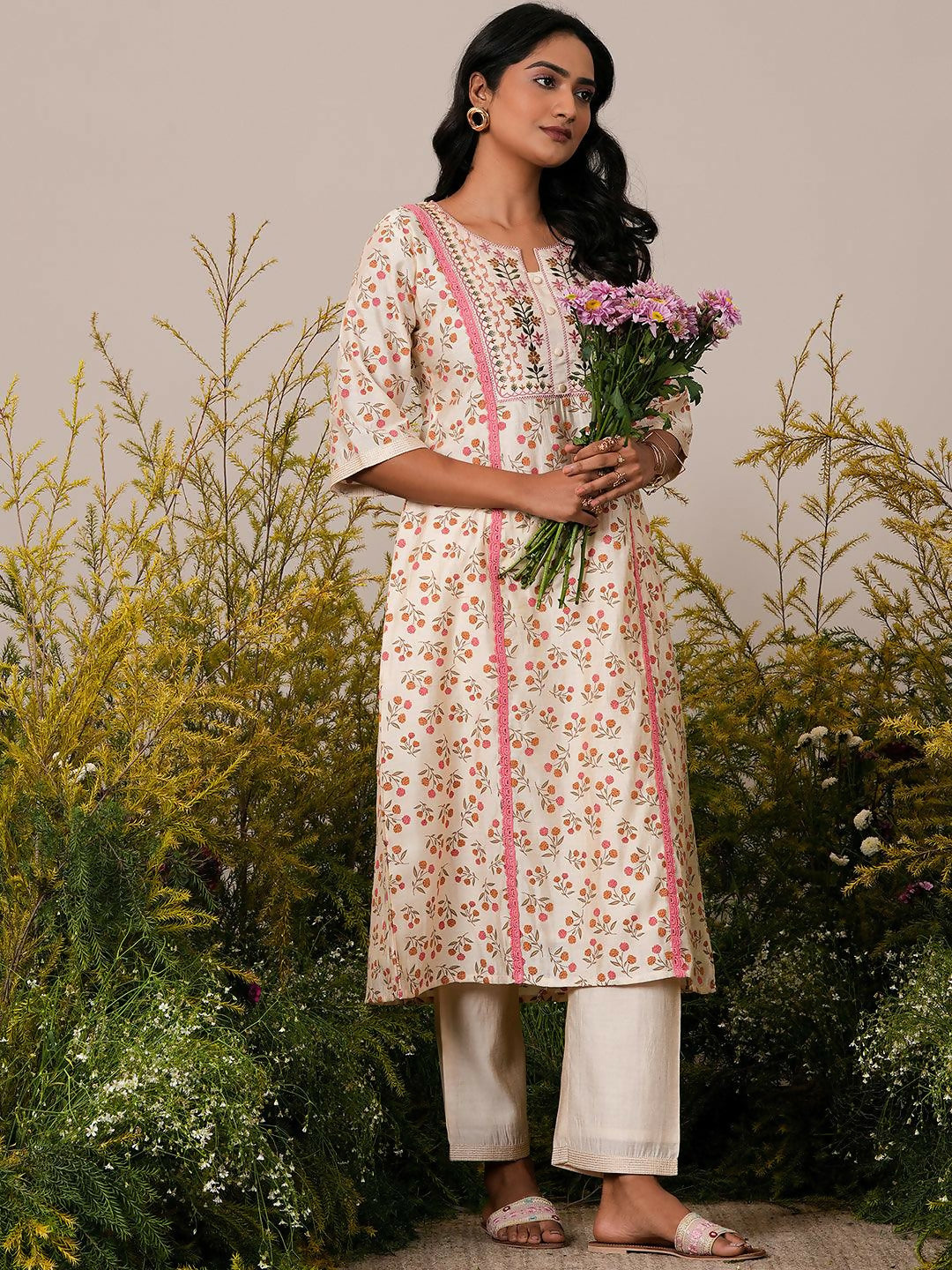 Women's LB Beige Printed Chanderi Silk A-Line Kurta With Palazzos