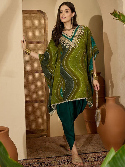 Leheriya Printed with Embellished Kaftan Kurta with Dhoti Pant Set