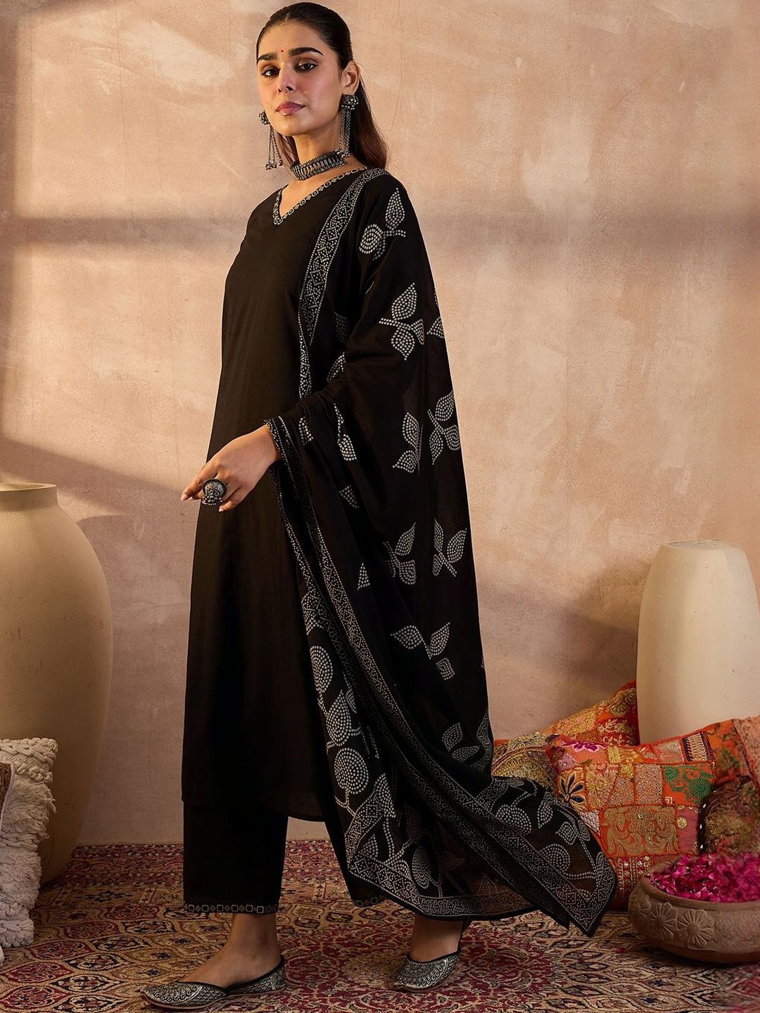 Women Solid Cotton Kurta with Trousers & Dupatta
