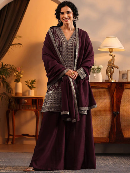 Dhiyona LL Women Ethnic Motifs Embroidered Regular Kurta with Sharara & Dupatta
