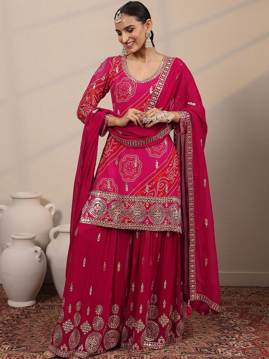 Dhiyona LL Women Ethnic Motifs Printed Regular Mirror Work Kurta with Sharara & Dupatta