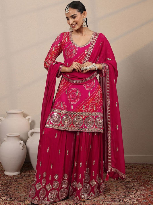 Dhiyona LL Women Ethnic Motifs Printed Regular Mirror Work Kurta with Sharara & Dupatta